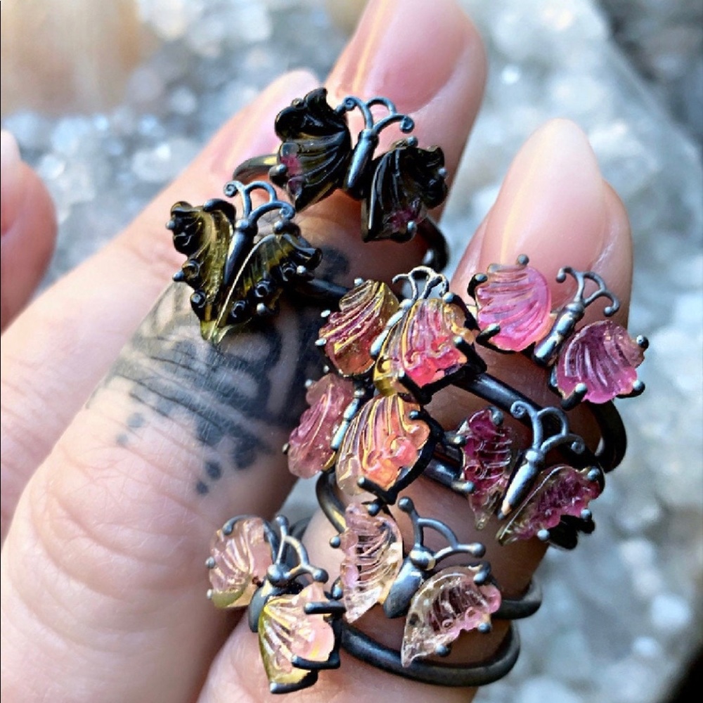 Silver Watermelon tourmaline butterfly ring